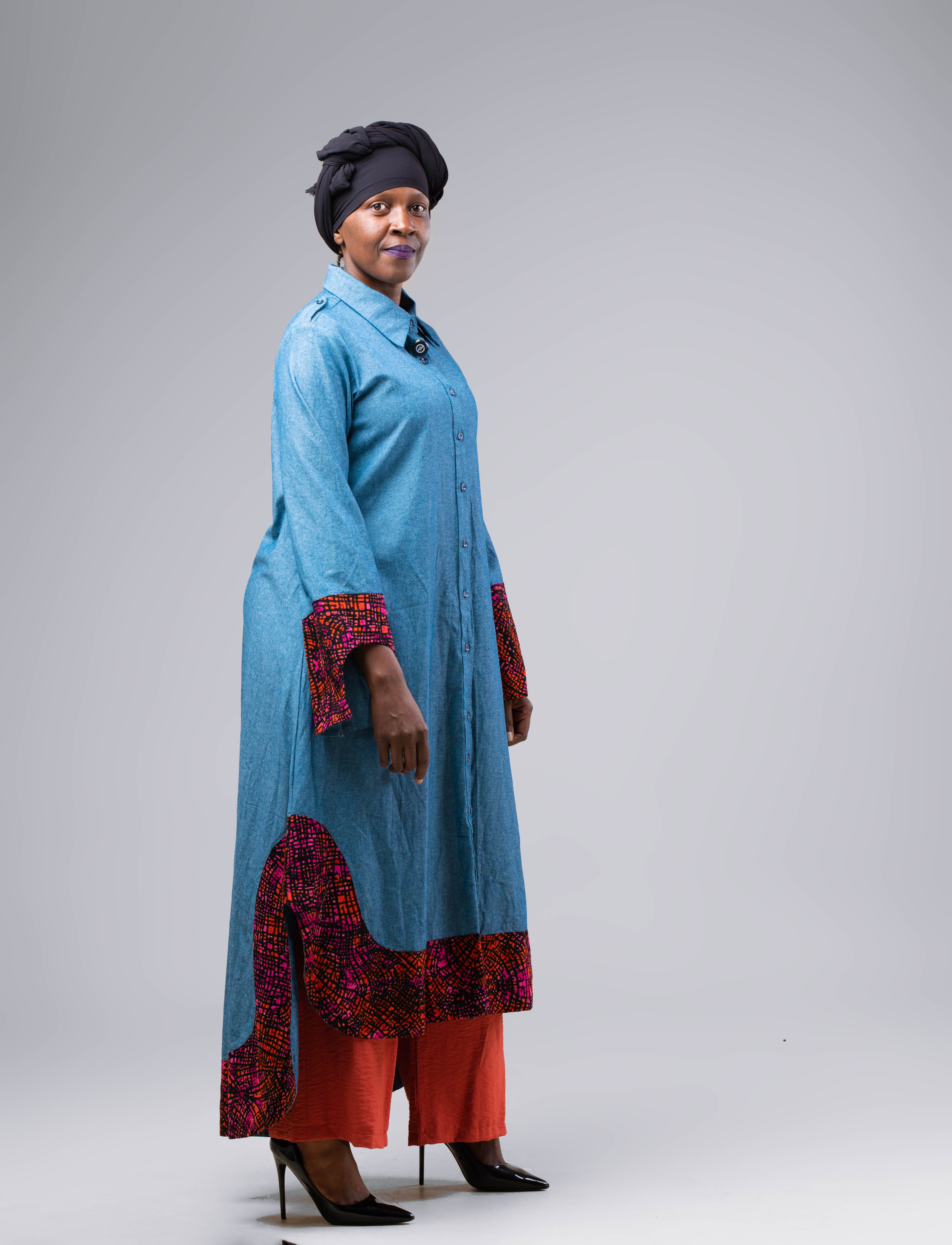 Chambray High-Low Shirt Dress with Ankara/Kitenge Trim